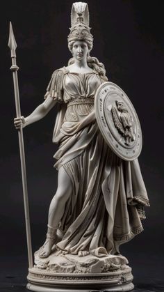 a statue of a woman holding a spear and shield