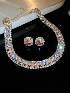 1 Set Of Square Rhinestone Decorated Fashionable Stud Earrings And Necklace Colorful    Copper     Women Fashion Jewelry, size features are:Bust: ,Length: ,Sleeve Length: Beautiful Tiaras, Egyptian Style, Earrings And Necklace, Womens Jewelry, Women's Jewelry Sets, Expensive Jewelry, Watches Women Fashion, Square Earrings, Colourful Necklace