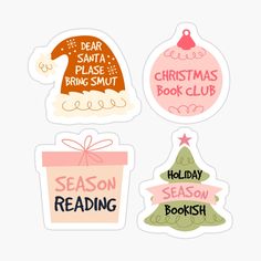 four christmas stickers with different sayings on the front and back of each one