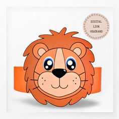 a paper lion head with blue eyes on an orange ribbon around it's neck