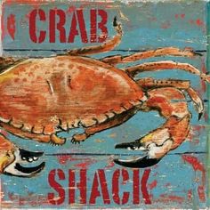 crab shack sign with an image of a crab on it's back and the words crab shack written in red