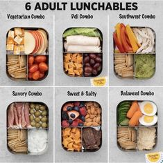 six lunches with different types of vegetables and meats in the middle one is labeled