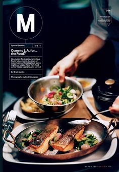 a magazine cover with fish and vegetables in pans on a wooden table next to other dishes