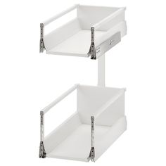 two white shelfs with metal handles on each side and one is open to show the bottom