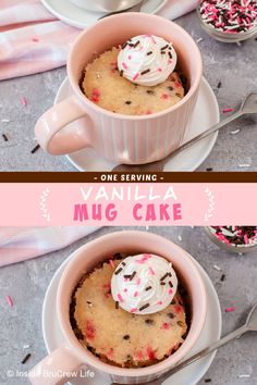 two pictures of a mug cake with whipped cream and sprinkles