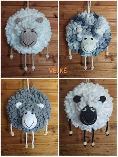 crocheted sheep ornament hanging on the wall with four different pictures showing it