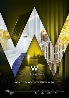 an advertisement for the w hotel in new york city, with images of buildings and water