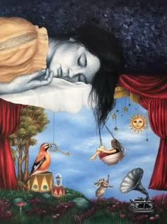 a painting of a woman sleeping on top of a stage with birds flying around her