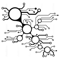 an abstract black and white circuit board background with circles, dots and lines on it