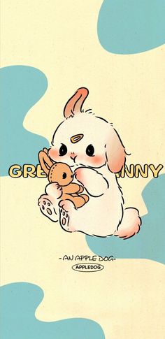 a drawing of a dog holding a teddy bear with the words grizzly bunny on it