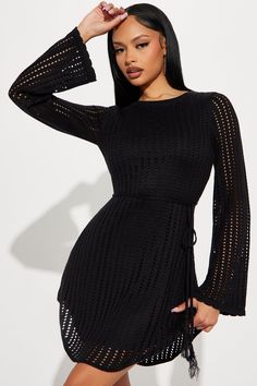 Available In Black. Crochet Mini Dress Long Bell Sleeves Scoop Neckline Waist Tie w/ Tassel Detail Round Hem Backless Lined Stretch 100% Acrylic Imported | Daydream Crochet Mini Dress in Black size Medium by Fashion Nova Crochet Dress Outfits, Black Crochet Dress, Long Bell Sleeves, Crochet Mini Dress, Crochet Dress Pattern, Crochet Woman, Black Crochet, Crochet Dress, Dress Long