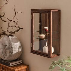 a vase with some plants in it next to a wall mounted glass case on the wall