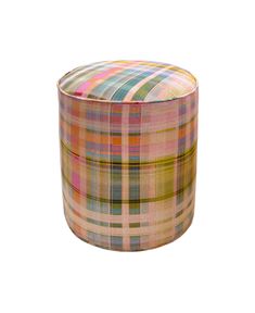 a multicolored plaid pouff on a white background