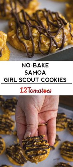 no bake samoaa girl scout cookies with chocolate drizzles