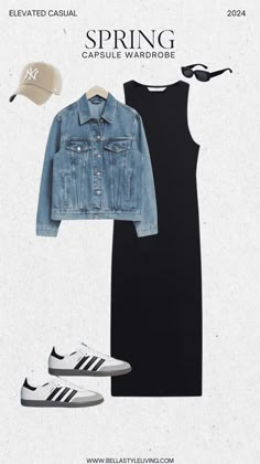 Dress With Sambas Outfit, Black Dress With Sneakers Outfits, Jean Capsule Wardrobe, Spring 2024 Outfits, Black Capsule Wardrobe, Spring Casual Outfits, Crochet Dress Patterns, Stylish Spring Outfit