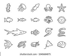 sea animals and fish line icons set on white background stock photo edit now for more