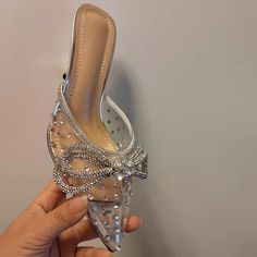 Brand Luxury Crystal Sequined Bowknot Women Pumps Sexy Ankle Strap High heels Female Sandals Summer Fashion Wedding Prom Shoes Slippers High Heels, Prom Shoes Silver, Female Sandals, Silver Wedding Shoes, Strap High Heels, Heels Patterns, Club Shoes, High Heel Mules, Ankle Strap High Heels