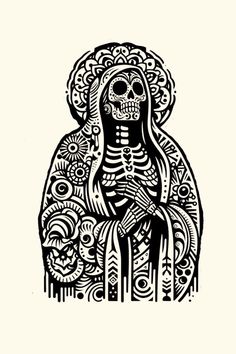 a black and white drawing of a skeleton sitting in front of a flowery background