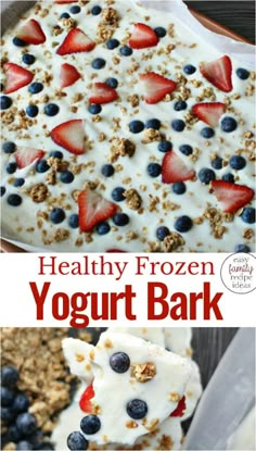 healthy frozen yogurt bark with strawberries and blueberries