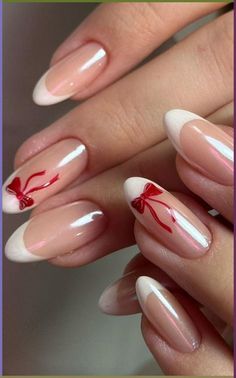 Cute Nail Inspo Colorful, French Tip Nails On Short Nails, Nail Designs Small Nails, Non Acrylic Nail Designs, Red And Pink Nails French, Nail Ideas For Boyfriend, French With Bow Nails, Bow Fall Nails, Yellow Bow Nails