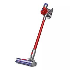 a red and silver vacuum cleaner on a white background