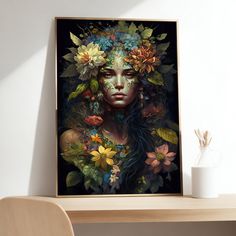 a woman with flowers on her head is sitting in front of a table next to a vase