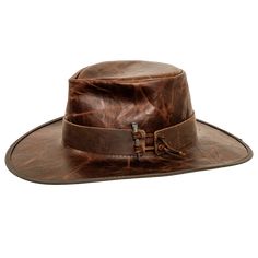 Unforgiven | Mens Bison Leather Flat Brim Outback Hat is made for men who value rugged durability and bold style. Crafted from premium bison leather with laced side detailing, this hat is perfect for those seeking reliable sun protection and a distinctive look. Material: Bison Leather Shape: Outback Trim: Leather Trim, Laced at Side Brim size: 3 1/4" Crown height: 4" Sweatband: AHM Velcro Sweatband Assembled in the USA Rugged Leather Outdoor Hat, Rustic Leather Brimmed Hats, Southwestern Wide Brim Leather Hat, Brown Rustic Leather Hat, Adjustable Leather-backed Hats For Outdoor, Luis Guzman, American Hat Makers, Outback Hat, Bison Leather