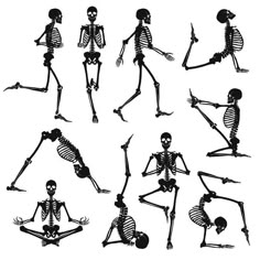 a set of skeleton dancing in different poses and postures, black and white illustration