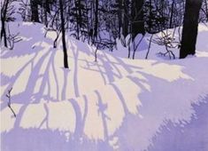 a painting of trees and snow in the woods