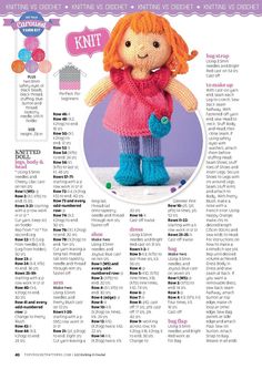 a knitting pattern for a knitted doll with red hair and blue pants, holding a pink