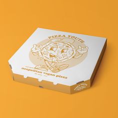 a pizza box on an orange background with the lid open to show it's logo