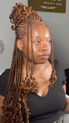 Golden brown tribal braids hairstyle with curly ends Braided Prom Hairstyles Updo, Brown Braids With Curls At The End, Honey Brown Hair Braids, Long Braids With Curly Ends, Golden Brown Braids, Honey Brown Braids, Dlt Malta, Braid Curls, Brown Box Braids