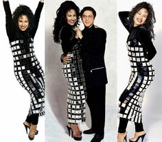 two women and a man are posing for the camera in black and white outfits with their arms around each other