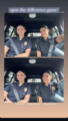 two police officers sitting in the back seat of a car, both smiling at the camera