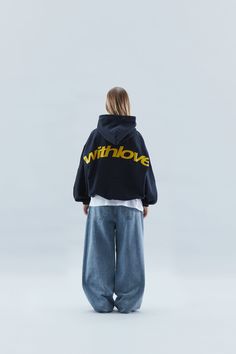 Unisex navy blue oversized boxy fit hoodie. 'Scuffers' and double moon logo imprinted in yellow on the front 'With Love' imprinted across the back. Made out of 100% cotton, french terry fabric (400 GSM). Reinforced side seams. Single dart hood construction, without drawstrings. Elasticized cuffs and waistband. Kangaroo pocket on the front. Loop label on side seam. Model (man) wearing size L - 190 cmModel (woman) wearing size M - 165 cm Limited units. Luxury Streetwear Brands, College Hoodies Aesthetic, Wishlist Hoodies, Scuffers Hoodie Styled, Streetwear Fashion Brands, Scuffers Sweatshirt, Minimalist Hoodie Design, Back Of Hoodie Design, Navy Hoodie Outfit