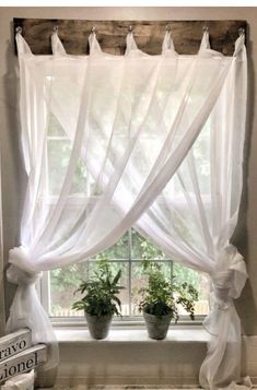 two potted plants sit in front of a window with white sheer curtains on it