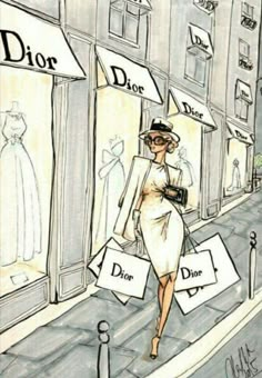 a drawing of a woman walking down the street with shopping bags in her hand and an ad for dior