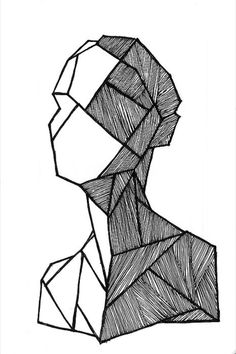 a black and white drawing of a man's head with geometric lines on it