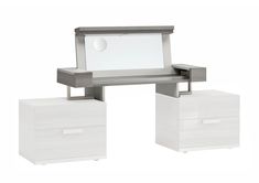 a white desk with two drawers and a mirror on it's side, in front of a white background