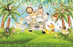 the animals are riding in the car on the jungle land with palm trees and other animals