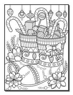 a christmas coloring page with candy canes and other holiday items in the basket,