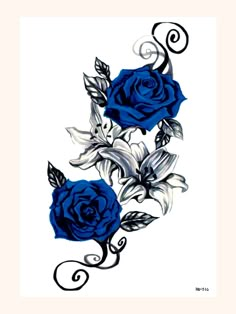 two blue roses with swirls and leaves on white paper