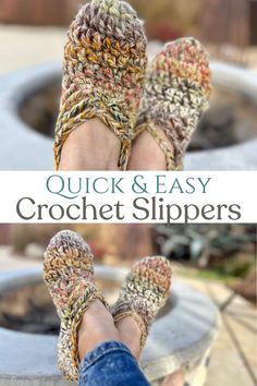 a person's feet wearing crochet slippers with text overlay that says quick and easy crochet slippers