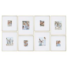 six white and gold photo frames with four different pictures on the same wall, each displaying an individual's family