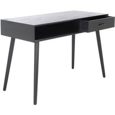 a black desk with two drawers on one side and an open drawer on the other