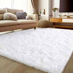 a living room with a white rug on the floor