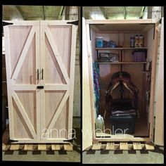 two pictures of an open barn door