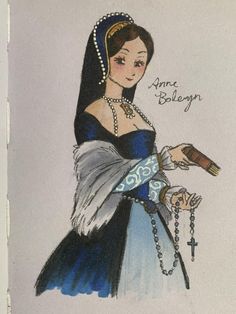 a drawing of a woman wearing a blue dress and holding a cross in her hand