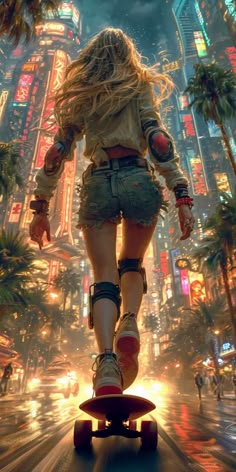 a woman riding a skateboard down a street in front of tall buildings and neon lights