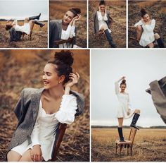 a woman sitting on a chair in a field